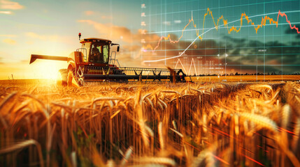 A tractor reaps wheat in a field while a graph of agricultural market trends looms in the background