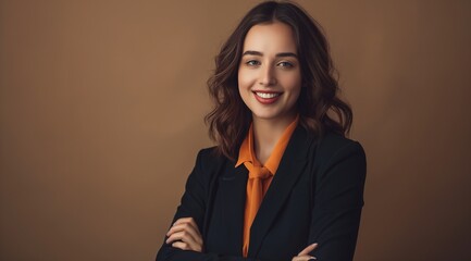 Poster - portrait of a beautiful young business woman smiling in a black suit on a dark background