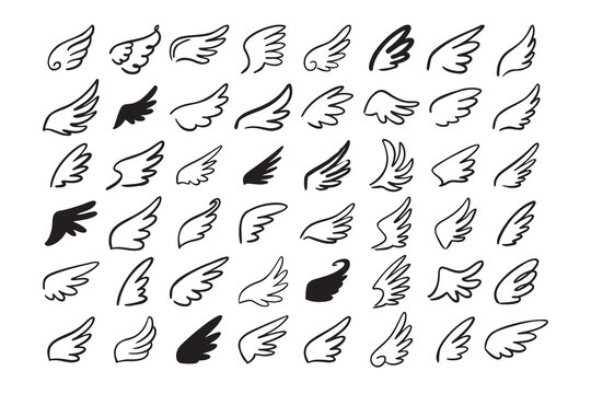 Doodle outline sketch angel wings. Angel feather wing, silhouette. Linear fly winged angels, flying heaven hand drawn doodle vector icons
