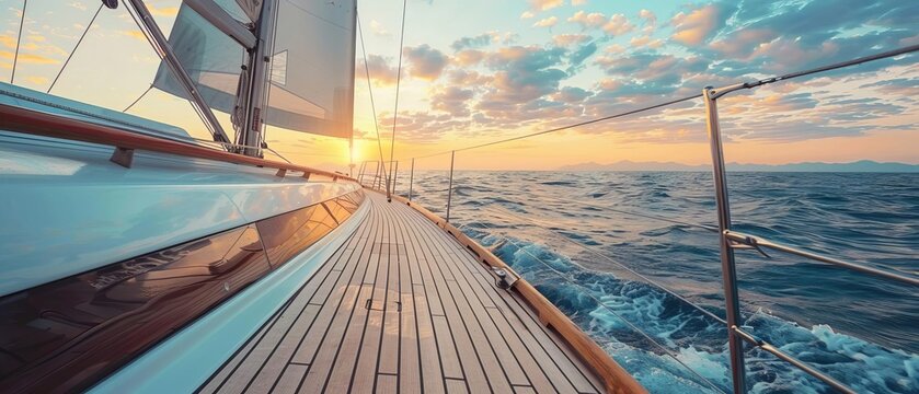 Sailing yacht at sunset on the ocean, capturing the serene beauty of the sea with vibrant skies and calm waters.