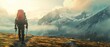 © nattapon98 - Hiker with backpack walks along a mountain trail, with stunning snow-capped peaks and soft sunlight, capturing the essence of adventure and exploration.