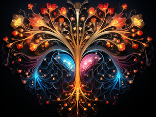 Canvas Print - An illustration of a glowing tree with red, orange, yellow, green, blue, and purple branches and flowers on a black background.