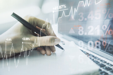 Poster - Double exposure of abstract creative financial diagram with hand writing in notebook on background, banking and accounting concept