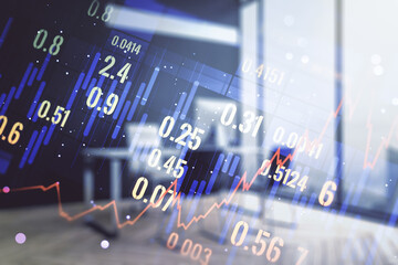Poster - Multi exposure of abstract financial diagram and modern desk with computer on background, banking and accounting concept