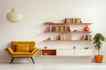 Wall Mural - A stylish living room with a yellow armchair orange shelves and a potted plant