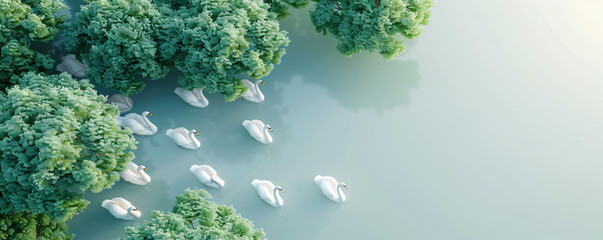Poster - Captivating aerial view of swans swimming in a placid lake, perfect for your text