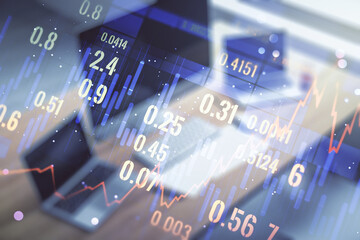 Poster - Multi exposure of abstract financial diagram and modern desk with computer on background, banking and accounting concept