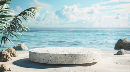 Highlight the tranquility of coastal retreats with an image showcasing a tropical sea and sandy beach scene, accentuated by an abstract stone podium, creating a serene setting for product displays. 