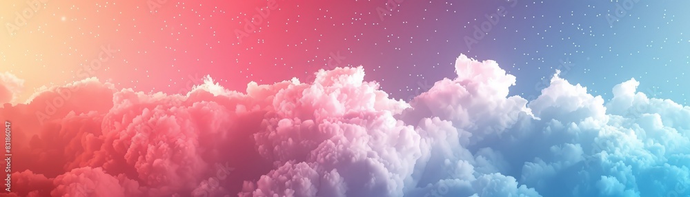 Pink blue and white fluffy clouds with stars on a gradient background ...