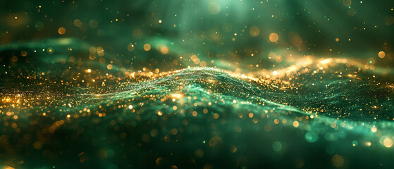 Wall Mural - abstract background with green and gold particles. Golden light shine particles bokeh green background. Gold foil texture. Holiday concept.