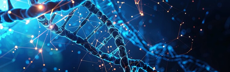 Glowing DNA Strands on Technological Background