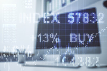 Poster - Double exposure of abstract creative financial chart and modern desktop with laptop on background, research and strategy concept