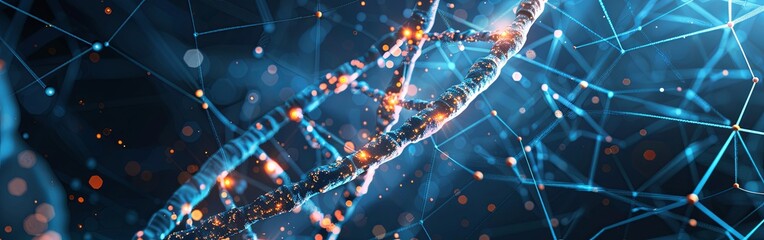 Glowing DNA Strands on Technological Background