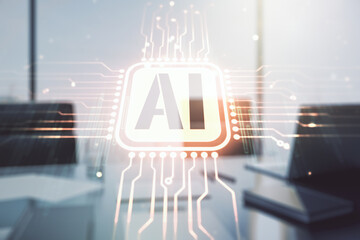 Poster - Creative artificial Intelligence symbol concept and modern desktop with computer on background. Multiexposure