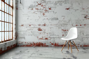 Sticker - Industrial style room with exposed brick wall and minimalistic decor, featuring a single white chair