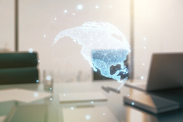 Poster - Digital America map and modern desktop with computer on background, international trading concept. Multiexposure