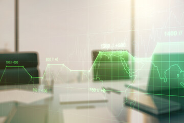 Poster - Abstract creative analytics data spreadsheet and modern desktop with pc on background, analytics and analysis concept. Multiexposure