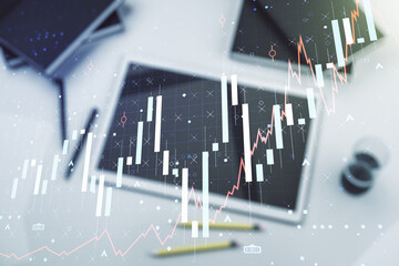 Poster - Double exposure of abstract creative financial diagram and modern digital tablet on background, banking and accounting concept
