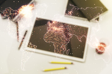 Poster - Multi exposure of abstract creative digital world map and modern digital tablet on background, top view, tourism and traveling concept