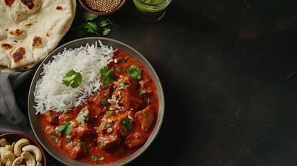 Wall Mural - A bowl of red curry with rice and a green herb garnish. The bowl is placed on a table with a plate of bread and a glass of water