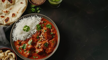 Canvas Print - A bowl of red curry with rice and a green herb garnish. The bowl is placed on a table with a plate of bread and a glass of water