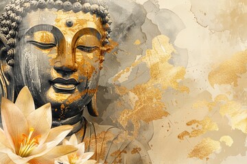 a painting of a buddha statue with a lot of gold leaf around it. the painting has a serene and peace