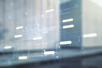 Aufkleber - Multi exposure of abstract software development hologram on modern business center exterior background, research and analytics concept
