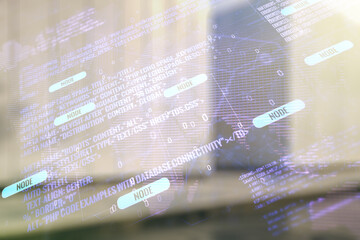Aufkleber - Multi exposure of abstract software development hologram and world map on modern business center exterior background, global research and analytics concept
