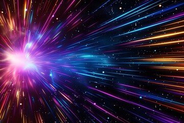 A colorful and dynamic neon background with streaks of light in various colors, representing speed or time travel through space. The center is filled with glowing stars that give the impression 