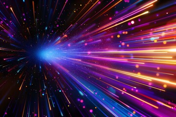 Fototapete - A colorful and dynamic neon background with streaks of light in various colors, representing speed or time travel through space. The center is filled with glowing stars that give the impression 