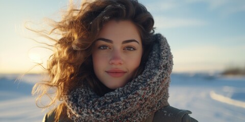 Wall Mural - A woman wearing a scarf wrapped around her neck in a casual pose