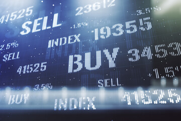 Poster - Multi exposure of abstract virtual financial graph hologram on blurry modern office building background, forex and investment concept