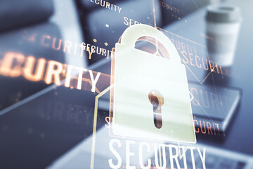 Aufkleber - Creative light lock illustration with microcircuit on modern computer background, cyber security concept. Multiexposure