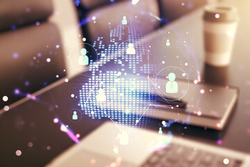 Poster - Social network media concept with world map and modern computer on background. Double exposure