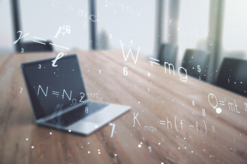 Poster - Creative scientific formula concept on modern laptop background. Multiexposure
