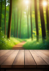 Poster - Wood table and green forest bokeh blurred background for nature