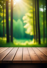 Aufkleber - Wood table and green forest bokeh blurred background for nature