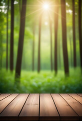 Sticker - Wood table and green forest bokeh blurred background for nature