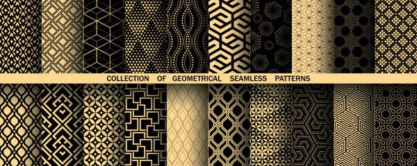 Wall Mural - Geometric set of seamless black and golden patterns. Simple vector graphics
