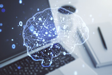 Poster - Creative artificial Intelligence concept with human brain hologram on modern laptop background. Multiexposure
