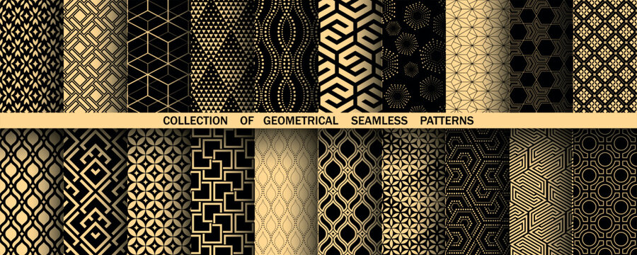 Geometric set of seamless black and golden patterns. Simple vector graphics