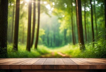 Sticker - Wood table and green forest bokeh blurred background for nature