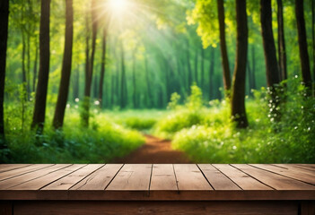 Aufkleber - Wood table and green forest bokeh blurred background for nature