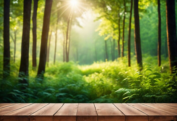 Aufkleber - Wood table and green forest bokeh blurred background for nature