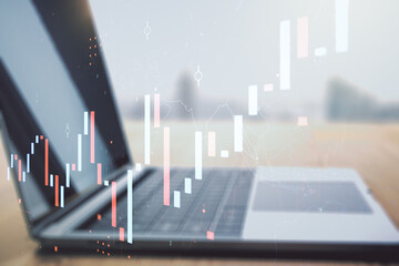 Poster - Double exposure of abstract creative financial chart on modern laptop background, research and strategy concept