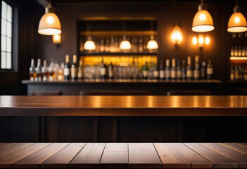 Poster - Wooden desk of bar and free space for your decoration, blurred background