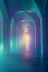 Wall Mural - A long, narrow, green tunnel with neon lights