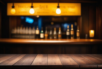 Poster - Wooden desk of bar and free space for your decoration, blurred background