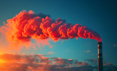 Industrial pipe emits red smoke into the sky polluting the environment