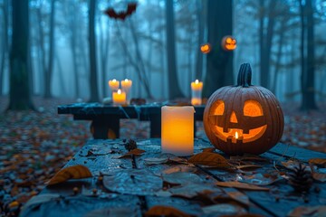 Wall Mural - Pumpkin, candles on table in forest